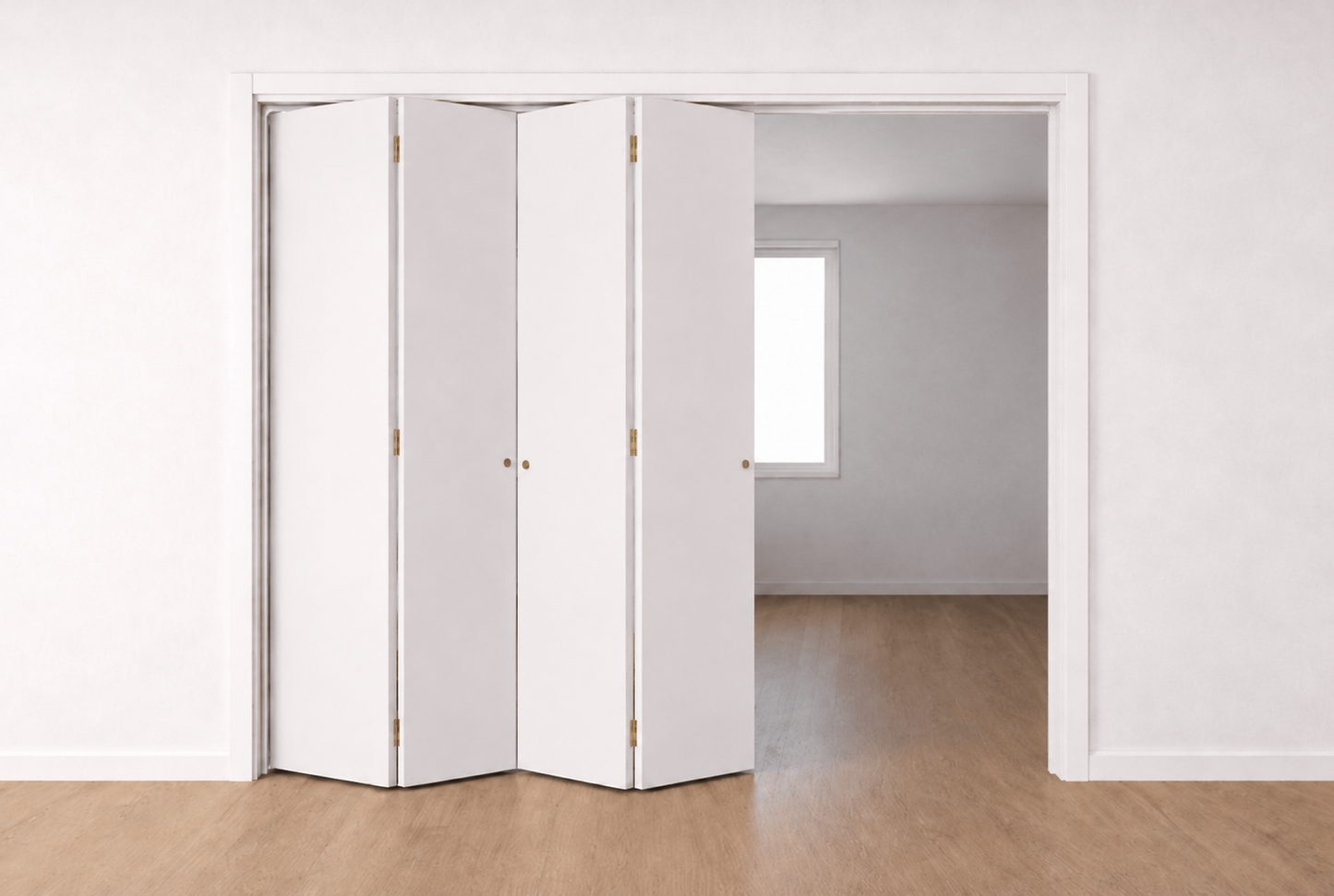 White folding room divider in a minimalistic room with wooden floor and white walls.