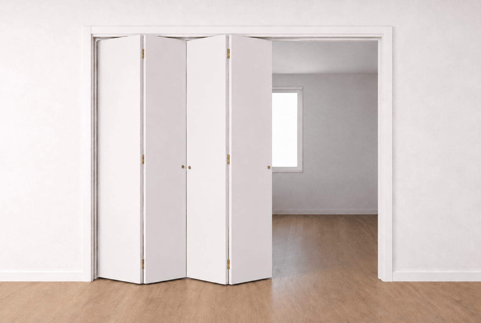 White folding room divider in a minimalistic room with wooden floor and white walls.