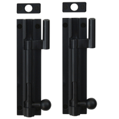 Two black metal door handles on a white background