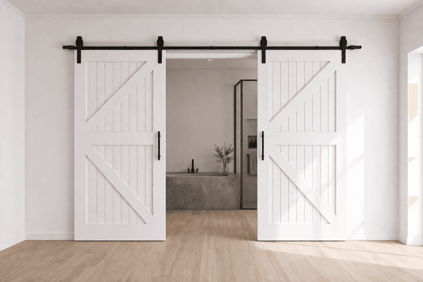 Barn doors in a modern interior setting with a neutral color palette.