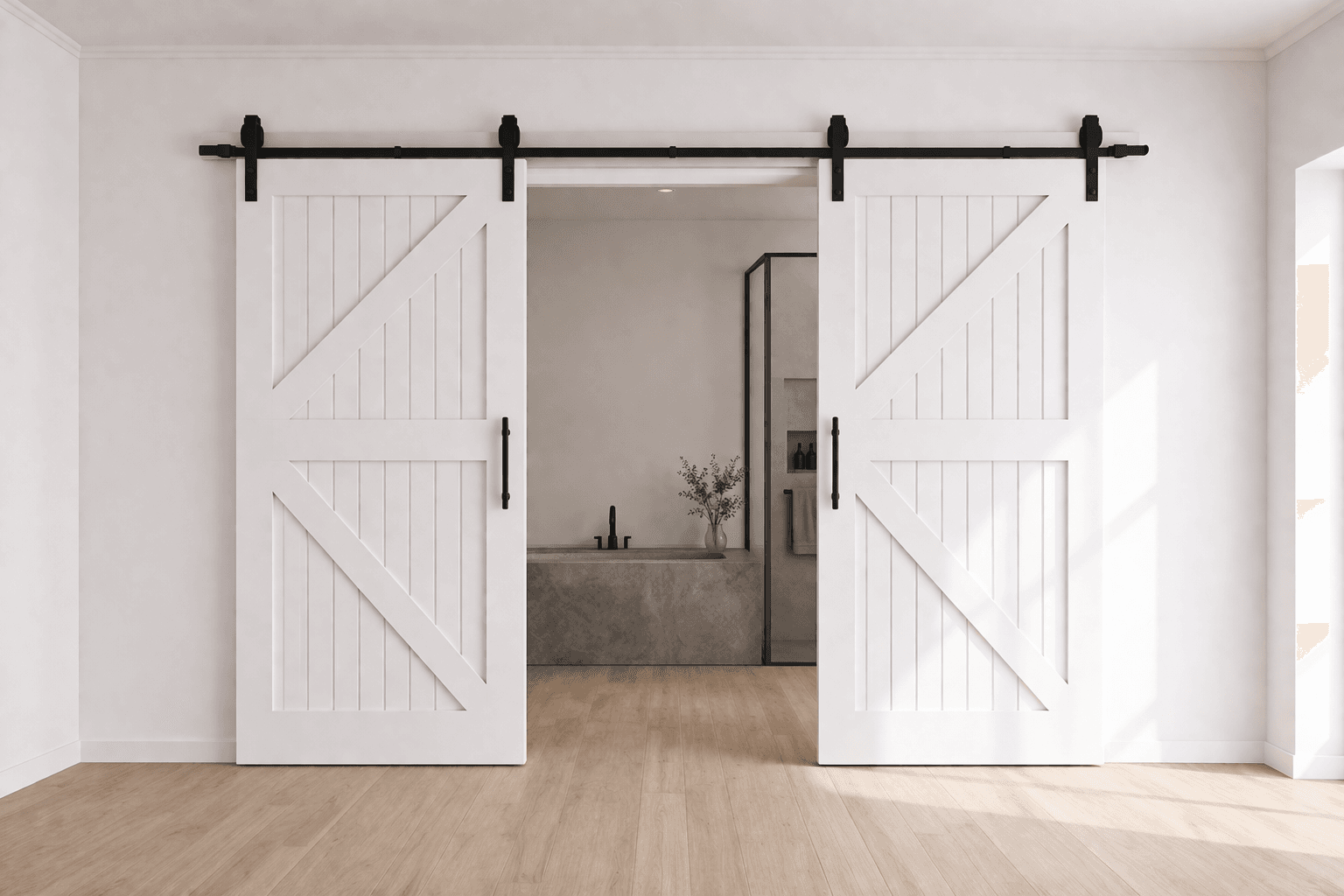 Barn doors in a modern interior setting with a neutral color palette.