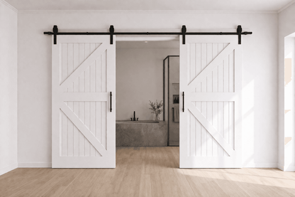 Barn doors in a modern interior setting with a neutral color palette.