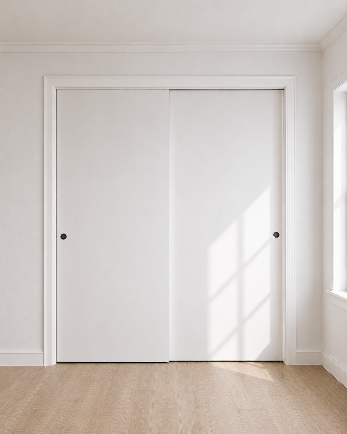 White door in a room with light wood flooring and white walls.