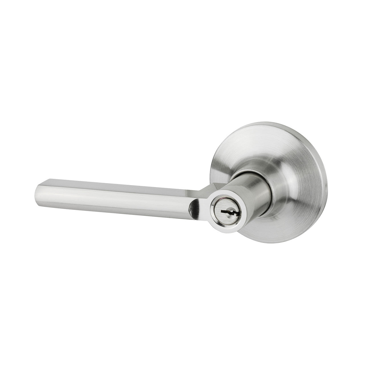 Metal door handle with lock on a white background