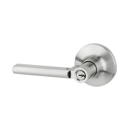 Metal door handle with lock on a white background