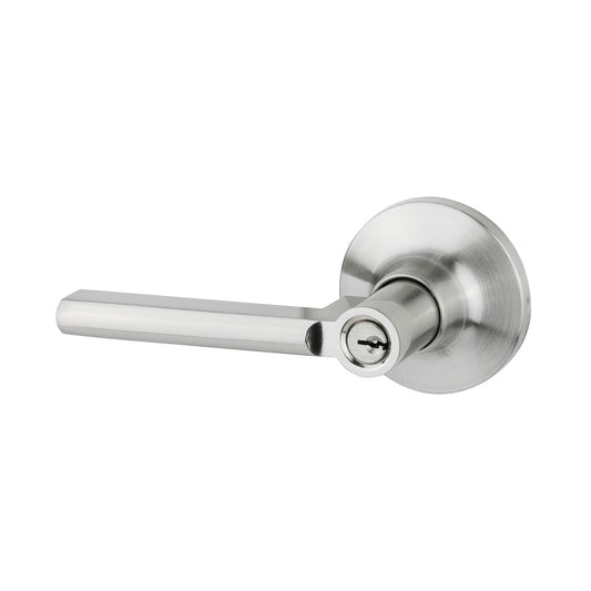Metal door handle with lock on a white background