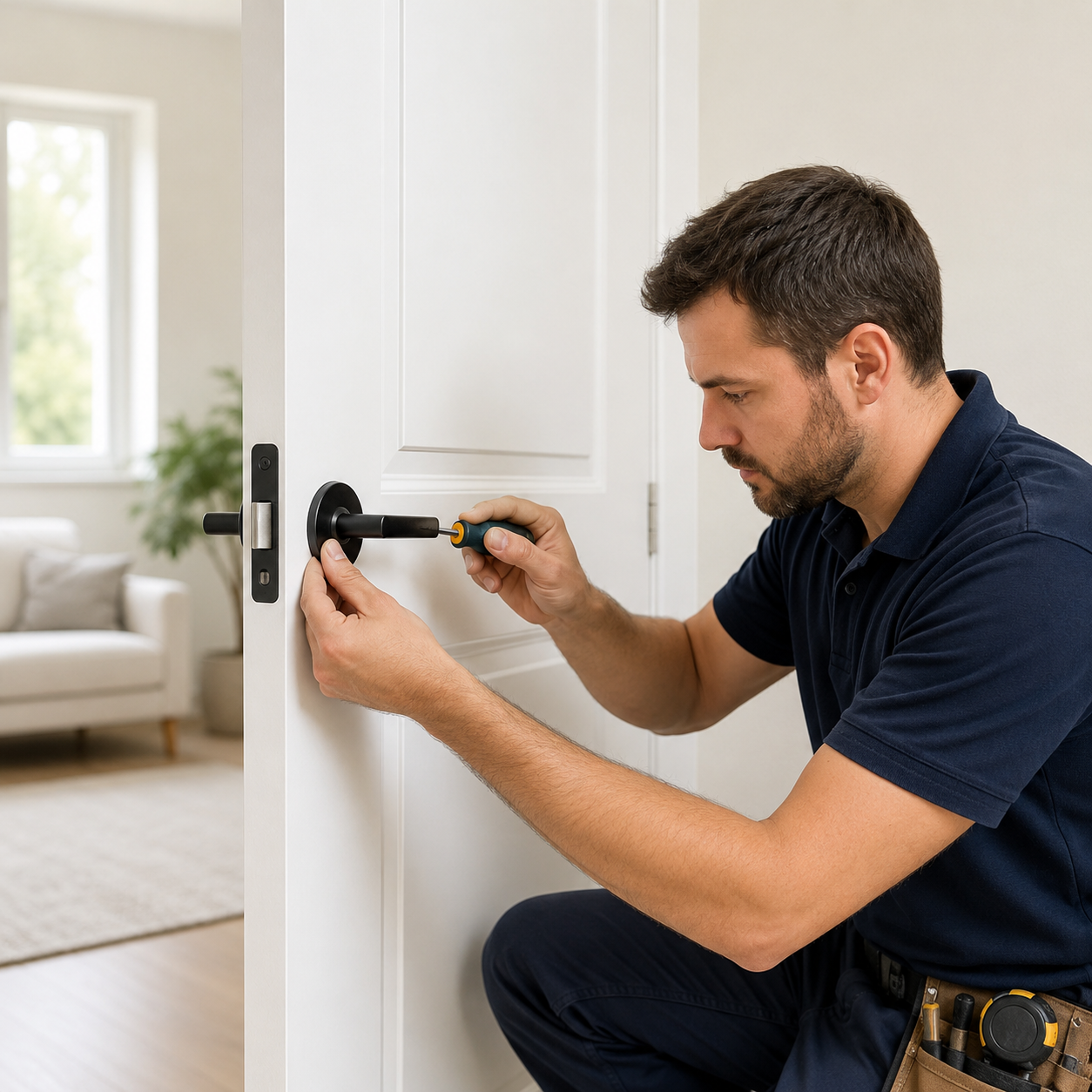 Man installing a door handle in a home setting