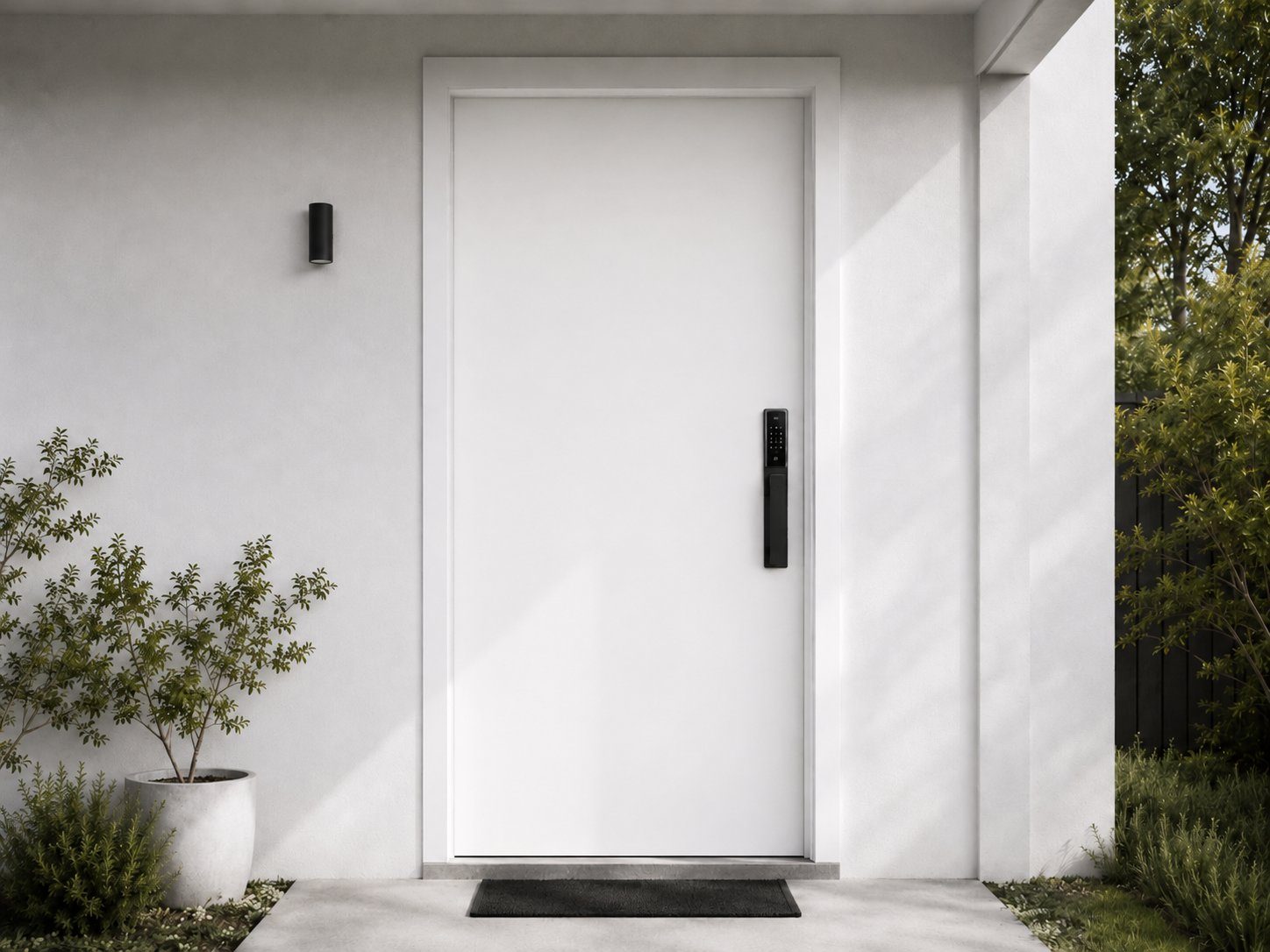 Modern white door with black hardware on a white wall with greenery