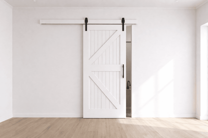 White sliding barn door in a minimalistic room with wooden floor and white walls.