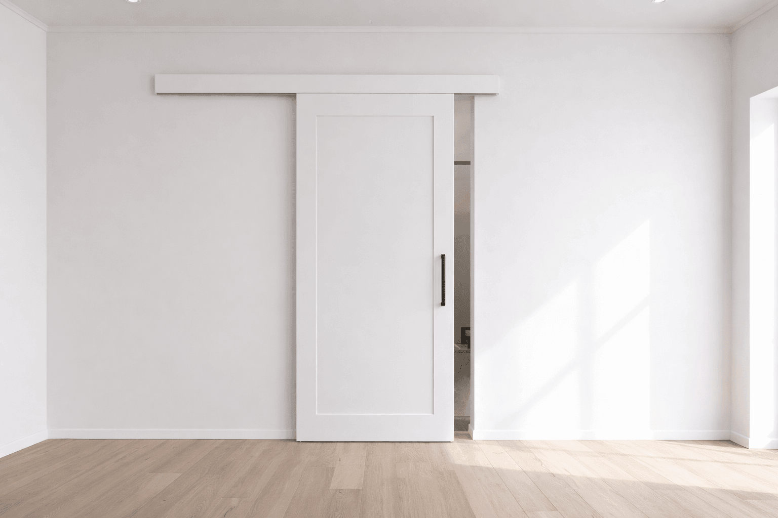 Modern interior with a white sliding door in a minimalistic room.