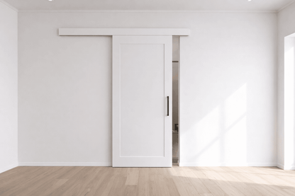 Modern interior with a white sliding door in a minimalistic room.